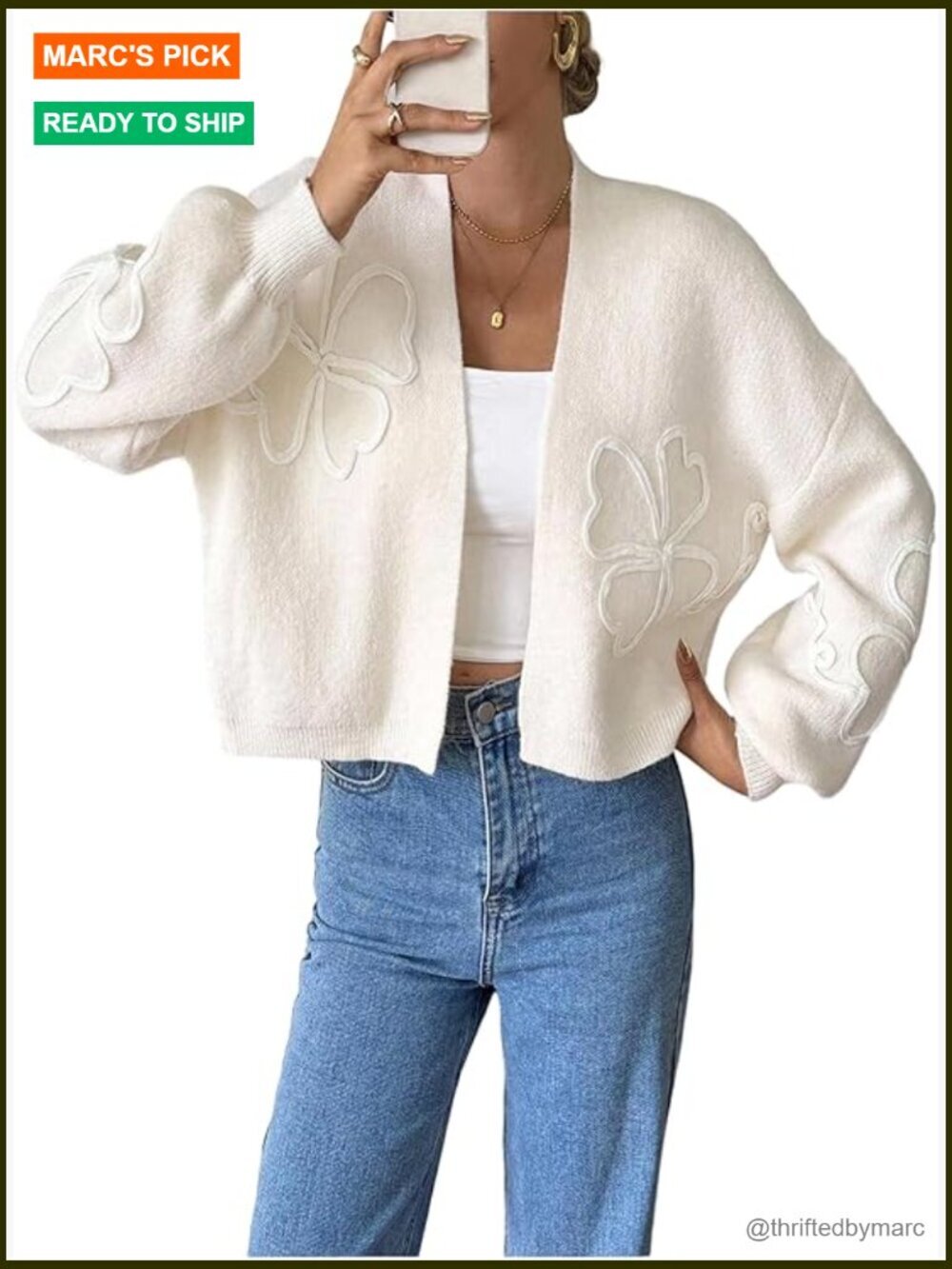 Floral Cropped Cardigan Sweater Open Front Long Sleeve Knit Casual